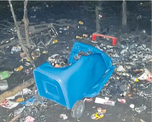  ?? ?? “DISGUSTING AND UNACCEPTAB­LE”: A bin and trees were set alight and rubbish strewn around the Lochgelly park.