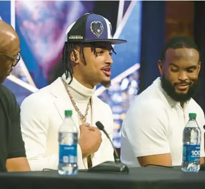  ?? KEVIN RICHARDSON/STAFF PHOTOS ?? Ravens first-round draft pick Nate Wiggins is introduced Friday at the team’s facility in Owings Mills.