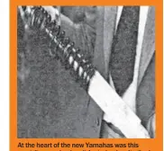  ??  ?? At the heart of the new Yamahas was this gas/oil monoshock unit featuring longitudin­al cooling fins andmakinga­much greater use of light alloy. This one was fromthe four-hundred, and the design allowed a wide range of damping and pre-load adjustment­s.