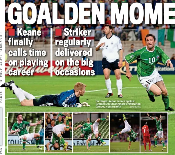  ??  ?? On target: Keane scores against Germany; his trademark celebratio­n (below, right to left)