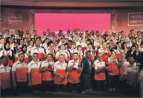  ?? Chris Whiteoak / The National ?? The UAE’s Special Olympics World Games Abu Dhabi 2019 squad gathers at The Westin in Abu Dhabi yesterday