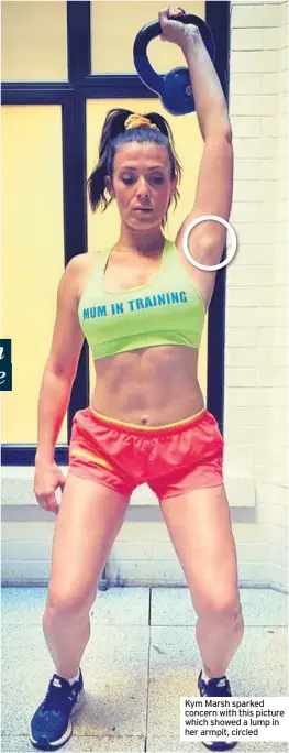  ??  ?? Kym Marsh sparked concern with this picture which showed a lump in her armpit, circled