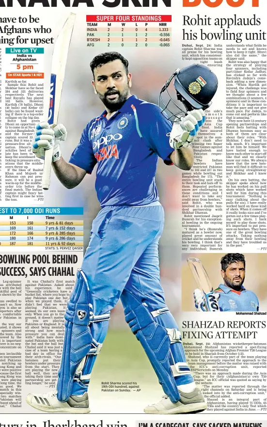  ??  ?? — AP Rohit Sharma scored his 19th ODI hundred, against Pakistan on Sunday.