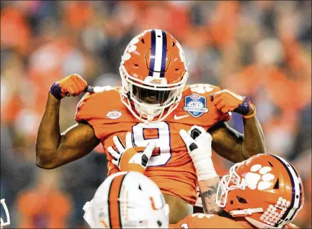  ?? CHRIS URSO/TAMPA BAY TIMES ?? Travis Etienne rushed for 914 yards and 12 touchdowns last season and caught 48 passes for 588 yards and two receiving touchdowns. Over his career at Clemson, he rushed for 4,952 yards, had 1,155 yards receiving and scored 78 touchdowns.