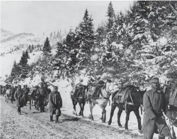  ?? FOTO: BUNDESARCH­IV KOBLENZ ?? Die Pferde tragen die Munition auf dem Rücken die steilen Berge des Duklapasse­s hinauf. Das Bild der österreich­isch-ungarische­n Truppen in den Karpaten ist 1916 oder 1918 entstanden.