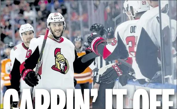  ?? DAVID BLOOM/POSTMEDIA NETWORK ?? Fredrik Claesson celebrates a goal during Ottawa’s 6-1 win over the Oilers on Saturday night in Edmonton.