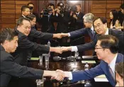  ?? SOUTH KOREAN UNIFICATIO­N MINISTRY ?? South Korean Unificatio­n Minister Cho Myoung-gyon (second on right) shakes hands with his North Korean counterpar­t, Ri Son Gwon, after their meeting on Monday in Panmunjom, North Korea.