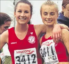  ??  ?? Alexandra Millard, left, and Imogen Amos at the National Cross-country Championsh­ips and right, Reef Page on the podium in Sheffield