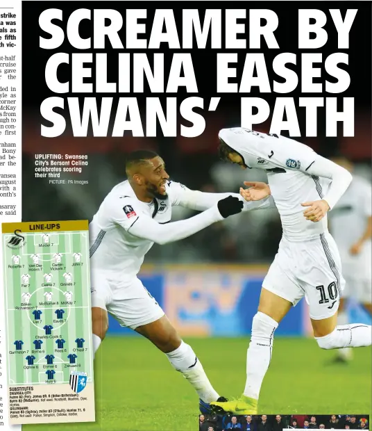  ?? PICTURE: PA Images ?? UPLIFTING: Swansea City’s Bersant Celina celebrates scoring their third