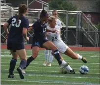  ?? MIKE CABREY — MEDIANEWS GROUP ?? North Penn’s Marissa Dacosta (13) tries to take the ball from Pennridge’s Hailey Primwhere (29) during their game Tuesday.