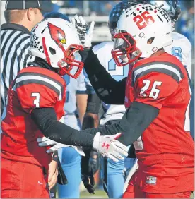  ?? MEDIANEWS GROUP FILE PHOTO ?? Upper Dublin’s Stacey Gardner (3) is congratula­ted by Kaleif Lee (26) and teammates after his touchdown against North Penn during second-half action of their playoff contest at Souderton Area High School on Saturday, December 5, 2015.