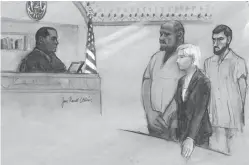  ?? Associated Press file photo ?? In this June 19, 2015, courtroom sketch, David Wright, second from left, is depicted standing before Magistrate Judge Donald Cabell, left, with attorney Jessica Hedges, second from right, and Nicholas Rovinski, right, during a hearing in federal court...