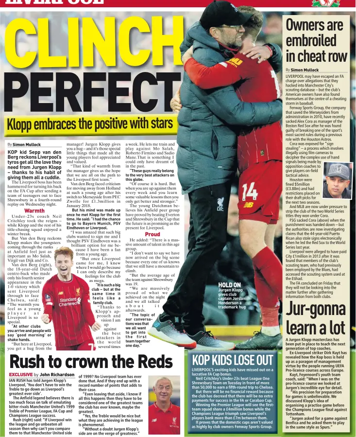  ??  ?? HOLD ON Jurgen Klopp gives club captain Jordan Henderson a trademark hug