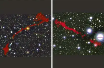  ??  ?? Big shots: the two giant radio galaxies found with the MeerKAT telescope, with their light shown in red