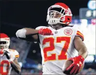  ?? AP PHOTO ?? Kansas City Chiefs running back Kareem Hunt celebrates his touchdown against the New England Patriots during an NFL game Sept. 7 in Foxborough, Mass.