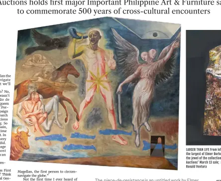  ??  ?? LARGER THAN LIFE From left: This untitled work in oil on canvas, the largest of Elmer Borlongan’s works ever to go on auction, is the jewel of the collection to go under the hammer at Salcedo Auctions’ March 13 sale; and Territoria­l Terror, oil on wood, by Ronald Ventura