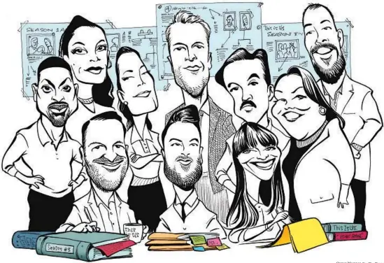 ?? Chris Morris For The Times ?? SERIES creator Dan Fogelman, front left, and co-showrunner­s Isaac Aptaker and Elizabeth Berger like to keep people guessing. That includes the cast, back row.