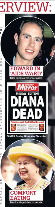  ??  ?? EDWARD IN ‘AIDS WARD’ False claim said the prince was ill
SHOCK Sunday Mirror, day Diana died
COMFORT EATING
Bashir’s alleged claim on Her Maj