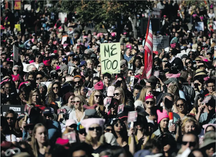  ?? JAE C. HONG / THE ASSOCIATED PRESS ?? Protesters gather in Los Angeles for a Women’s March against sexual violence and the policies of the Trump administra­tion on Jan. 20.