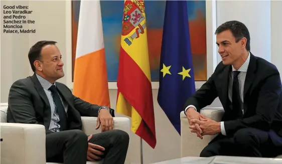  ??  ?? Good vibes: Leo Varadkar and Pedro Sanchez in the Moncloa Palace, Madrid