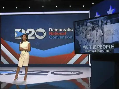  ?? Democratic National Convention via AP ?? In this image from video, Eva Longoria, serving as moderator, speaks Monday during the first night of the Democratic National Convention.