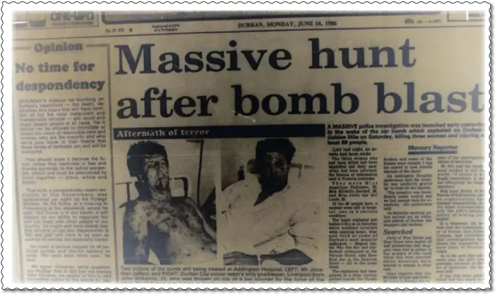  ??  ?? The Mercury, Monday, June 16, 1986. The Natal Mercury reports on the aftermath of the Magoo’s bombing.