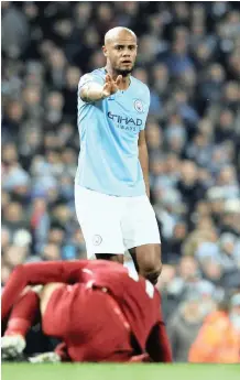  ?? | REUTERS ?? MANCHESTER City’s Vincent Kompany reacts after fouling Liverpool’s Mo Salah