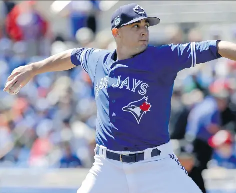  ?? JOHN RAOUX/THE ASSOCIATED PRESS/FILES ?? The Toronto Blue Jays have announced that pitcher Aaron Sanchez has been diagnosed with a pulley strain in the ligament in the middle finger on his throwing hand. The team says Sanchez, who played sparingly this season, is done for the year.