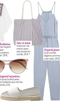  ??  ?? Top bohème On aime l’esprit ethnique et les cordons à nouer, 19 €. Sac à tout Il donne l‘air marin avec ses anses en corde, 15 €.* Regard mystère On joue la diva avec ces solaires aux verres fumés, 6 €. Esprit jean Une combi légère comme une robe, 29 €.*