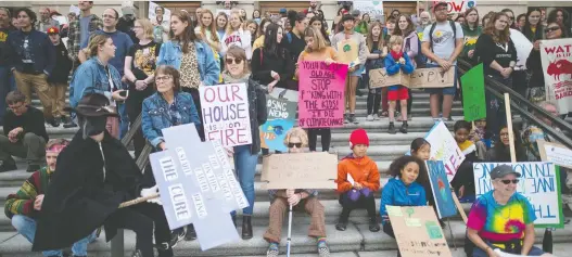  ?? BRANDON HARDER FILES ?? Young climate activists, like these ones at a youth climate strike on Sept. 20 at the Saskatchew­an Legislativ­e Building, sometimes say it’s their future at stake.