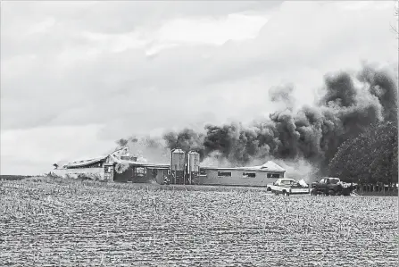  ?? OPP/TWITTER PHOTO ?? Crews from Dundalk, Grand Valley and Minto’s Harriston and Palmerston stations assisted in fighting the blaze. OPP and EMS were also on hand.