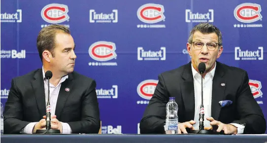  ?? JOHN MAHONEY ?? Canadiens GM Marc Bergevin, right, failed when given a chance to step up and take the blame for a disastrous season mostly of his own making, writes Jack Todd.