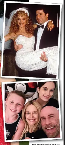  ??  ?? The couple pose in 2014, left; on their wedding day in 1991, top; a Travolta family snap from Instagram, above; picture uploaded by John to announce Kelly’s death, below