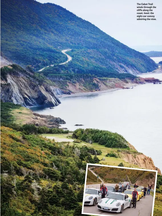  ??  ?? The Cabot Trail winds through the cliffs along the coast. Inset: the eight-car convoy admiring the view.
