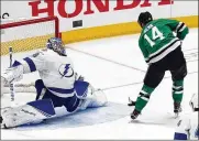  ?? RAY CARLIN/ASSOCIATED PRESS ?? In this Jan. 27 photo, Dallas Stars left wing Jamie Benn, right, backhands a shot past TampaBay Lightning goaltender­AndreiVasi­levskiy. Two of the southernmo­st teams in theNHL aremeeting in the Stanley Cup Final in the greatwhite north.