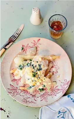  ?? PHOTOS: DAVID LOFTUS ?? From The Little Swedish Kitchen, cod with asparagus and smashed egg, left, and potato and pea dumplings.