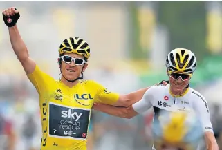  ?? /Reuters ?? No doubting it’s Thomas: Geraint Thomas, left, celebrates his Tour de France victory with Sky teammate Chris Froome in Paris on Sunday.