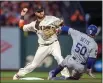  ?? KARL MONDON — BAY AREA NEWS GROUP ?? The Giants’ Brandon Crawford retires the Dodgers’ Mookie Betts on a fielder’s choice during an NLCS game at Oracle Park on Oct. 8.