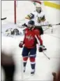  ?? PABLO MARTINEZ MONSIVAIS — THE ASSOCIATED PRESS ?? Washington Capitals defenseman Michal Kempny (6), of the Czech Republic, celebrates his goal against Vegas Golden Knights goaltender MarcAndre Fleury, face down rear, during the third period in Game 4 of the NHL hockey Stanley Cup Final Monday in...