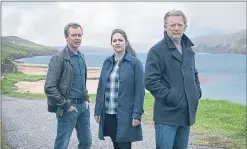  ?? ?? Alison O’donnell as DS Alison Macintosh with Shetland co-stars Steven Robertson, left, and Dougie Henshall