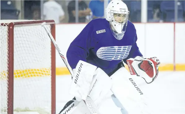  ?? JULIE JOCSAK/POSTMEDIA NETWORK ?? Goalie Stephen Dhillon of the Niagara IceDogs during a scrimmage game on the first day of training camp at Meridian Centre on Tuesday. The IceDogs will play their first exhibition game at Thorold Arena Friday evening.