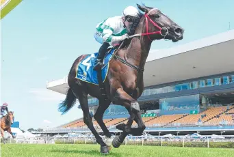  ?? Picture: Trackside Photograph­y ?? IN FULL FLIGHT: Toowoomba filly Kisukano cruises to an effortless Doomben victory last month.