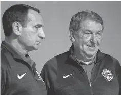  ?? ANDREW P. SCOTT, USA TODAY SPORTS ?? Coach Mike Krzyzewski, left, and managing director Jerry Colangelo have led the USA to three consecutiv­e Olympic golds.