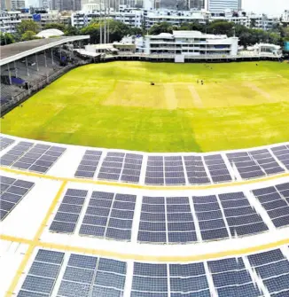  ??  ?? A 820.8-KWP rooftop solar installati­on commission­ed by Tata Power at the Brabourne Stadium in Mumbai.