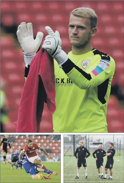  ?? MAIN PICTURE: JONATHAN GAWTHORPE ?? BACKING THE PLAN: Goalkeeper Adam Davies, top, and midfield player George Moncur, left, have been enthused by the new ideas brought in by manager Daniel Stendel, far right, pictured with assistants Christophe­r Stern and Andreas Winkler.