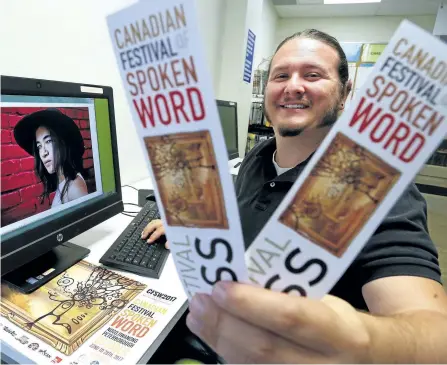  ?? CLIFFORD SKARSTEDT/EXAMINER ?? Director Jon Hedderwick reads details about Canadian Festival of Spoken Word performer Kai Cheng Thom aka Lady Sin Trayda, of Montreal, on Friday. The festival is an annual event produced by Spoken Word Canada. This year's festival runs Oct. 22 to 28 and is hosted by the Peterborou­gh Poetry Collective.