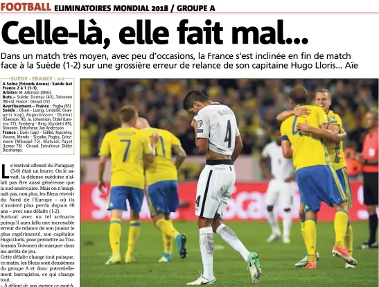  ?? (Photo AFP) ?? Raphaël Varane, déçu, au milieu de Suédois ravis. Drôle de soirée à Solna.