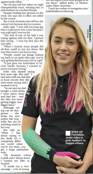  ??  ?? STAR OF FUCHSIA: Jodie rides in pink leathers to inspire others