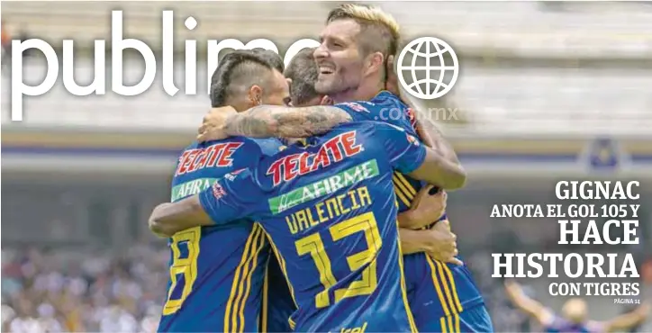  ?? |MEXSPORT ?? André-Pierre Gignac se convirtió ayer en el máximo anotador con los felinos al concretar el gol 105 durante el encuentro contra Pumas. El francés truncó el paso perfecto de la UNAM y arrebató el cetro de goleo a Tomás Boy.