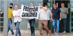  ??  ?? CATALAN leaders Oriol Junqueras, Joaquim Forn, Josep Rull, Raul Romeva, Jordi Sanchez and Jordi Cuixart walk out of Lledoners Prison after the Spanish government announced a pardon for those who participat­ed in Catalonia’s failed 2017 independen­ce bid in Sant Joan de Vilatorrad­a, near Barcelona, yesterday. | Reuters